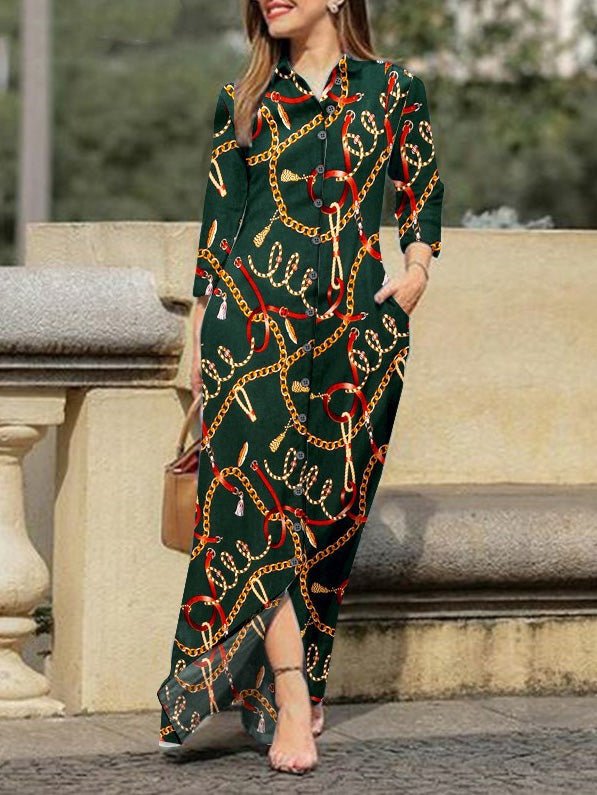 Women's Dresses Chain Print Lapel Button Long Sleeve Dress - Maxi Dresses - Instastyled | Online Fashion Free Shipping Clothing, Dresses, Tops, Shoes - 26/08/2022 - 40-50 - casual-dresses