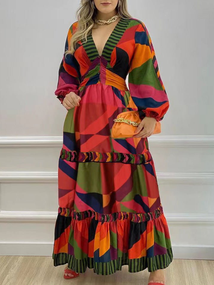 Women's Dresses Printed V-Neck Long Sleeve Dress - Maxi Dresses - Instastyled | Online Fashion Free Shipping Clothing, Dresses, Tops, Shoes - 26/08/2022 - color-multi - color-multicolor