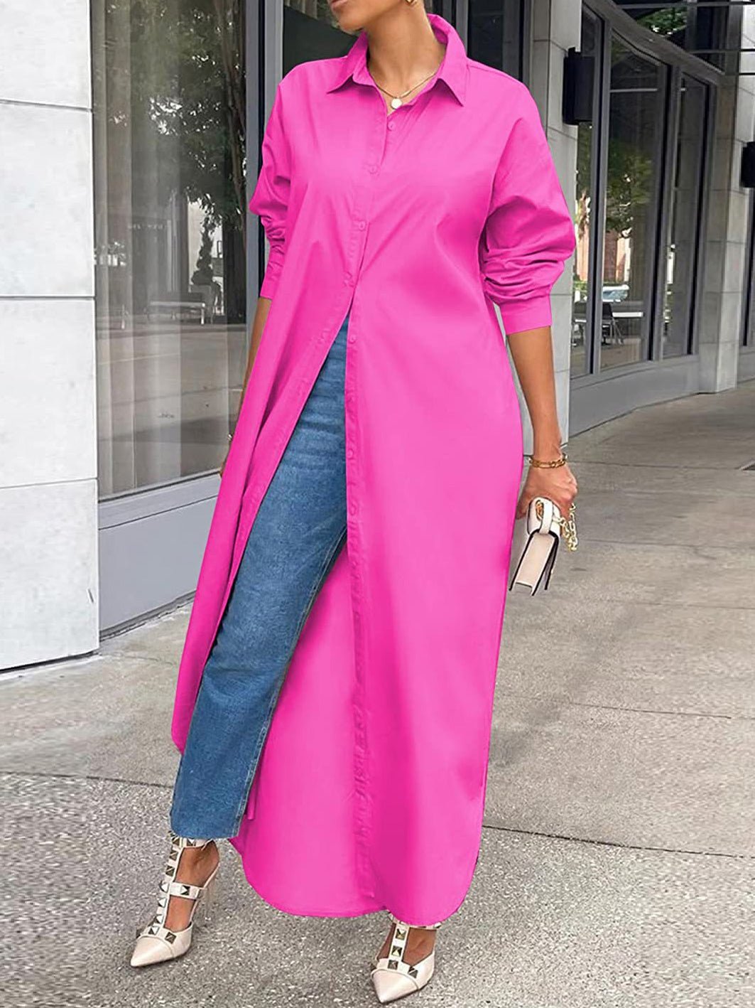Women's Dresses Solid Long Sleeve Slit Shirt Dress - Maxi Dresses - Instastyled | Online Fashion Free Shipping Clothing, Dresses, Tops, Shoes - 23/08/2022 - 40-50 - color-blue