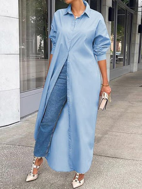 Women's Dresses Solid Long Sleeve Slit Shirt Dress - Maxi Dresses - Instastyled | Online Fashion Free Shipping Clothing, Dresses, Tops, Shoes - 23/08/2022 - 40-50 - color-blue