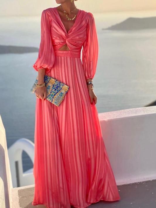 Women's Dresses Striped Print Hollow Puff Sleeve Dress - Maxi Dresses - Instastyled | Online Fashion Free Shipping Clothing, Dresses, Tops, Shoes - 25/08/2022 - Color_Red - DRE2208255243