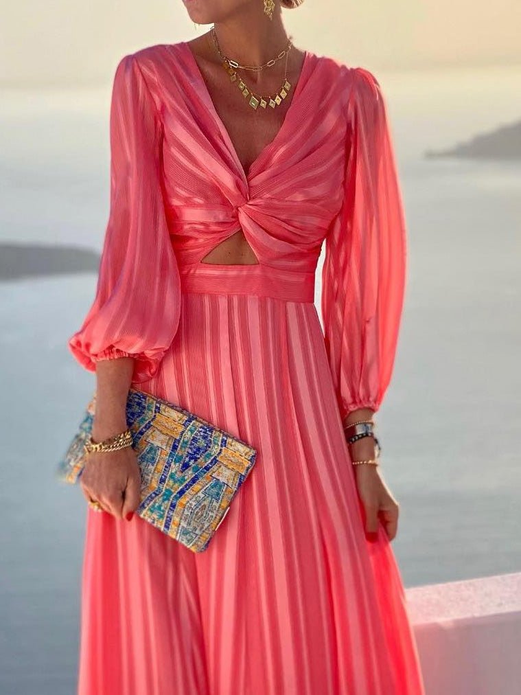 Women's Dresses Striped Print Hollow Puff Sleeve Dress - Maxi Dresses - Instastyled | Online Fashion Free Shipping Clothing, Dresses, Tops, Shoes - 25/08/2022 - Color_Red - DRE2208255243