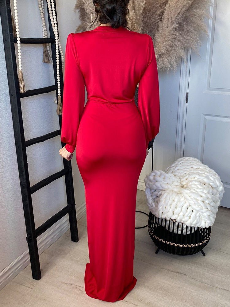 Women's Dresses V Neck Long Sleeve Slim Fit Slit Dress - Maxi Dresses - Instastyled | Online Fashion Free Shipping Clothing, Dresses, Tops, Shoes - 24/08/2022 - bodycon-dresses - color-red