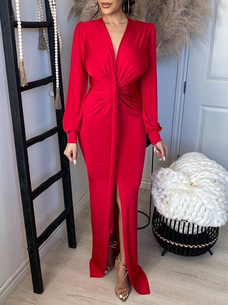 Women's Dresses V Neck Long Sleeve Slim Fit Slit Dress - Maxi Dresses - Instastyled | Online Fashion Free Shipping Clothing, Dresses, Tops, Shoes - 24/08/2022 - bodycon-dresses - color-red