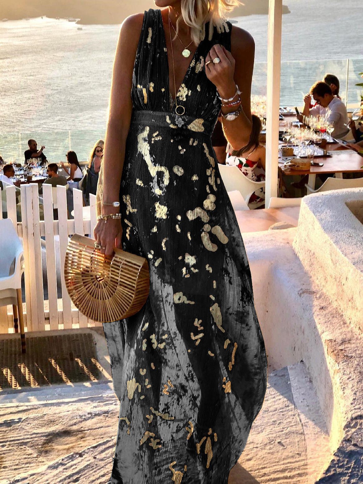 Women's Dresses V-Neck Print Hot Stamping Maxi Dress - Maxi Dresses - Instastyled | Online Fashion Free Shipping Clothing, Dresses, Tops, Shoes - 25/08/2022 - Color_Black - Color_Cyan