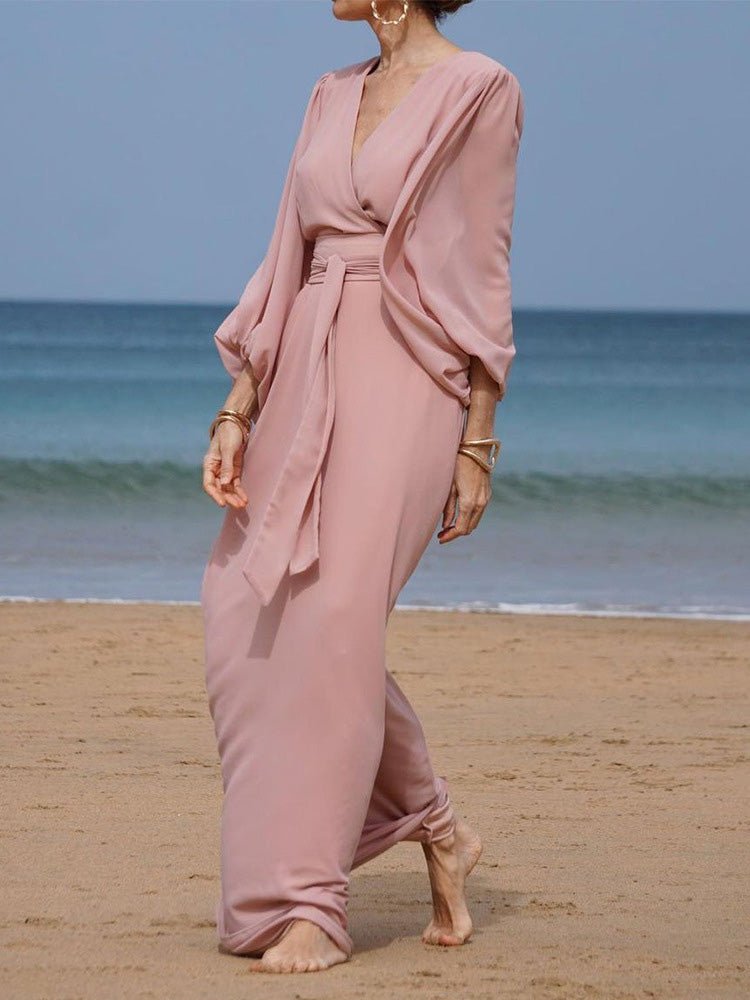 Women's Dresses V-Neck Tie Balloon Sleeve Dress - Maxi Dresses - Instastyled | Online Fashion Free Shipping Clothing, Dresses, Tops, Shoes - 23/08/2022 - color-pink - Color_Pink