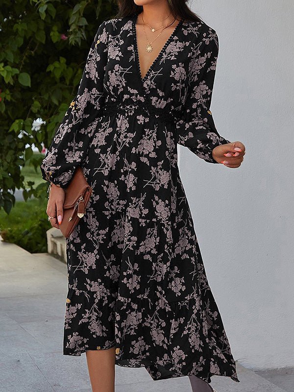 Women's Dresses V-Neck Vintage Print Long Sleeve Dress - Maxi Dresses - Instastyled | Online Fashion Free Shipping Clothing, Dresses, Tops, Shoes - 23/08/2022 - 40-50 - color-light_purple